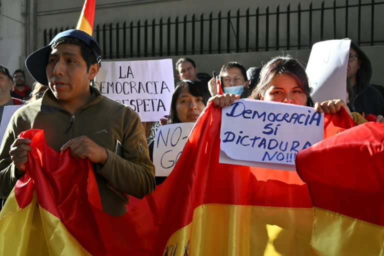 Des partisans du président Luis Arce lors d'une manifestation à La Paz le 28 juin 2024 (AIZAR RALDES)