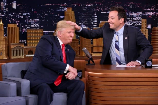 Jimmy Fallon "charmingly" mussing Donald Trump's hair. This will merely be amusing if Trump loses on November 8. It will be something worse if he wins. (NBC / Reuters)