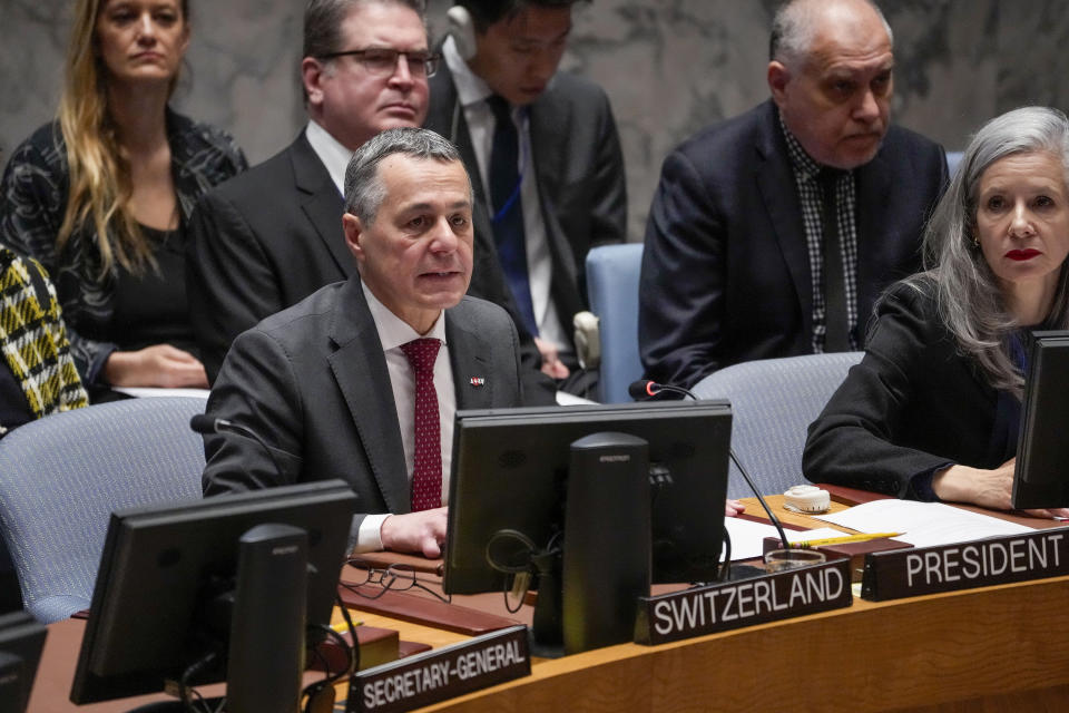 Ignazio Cassis, Federal Councillor for Foreign Affairs of Switzerland and current president of the United Nations Security Council, presides over a meeting of the council, Wednesday, May 3, 2023, at United Nations headquarters. (AP Photo/John Minchillo)