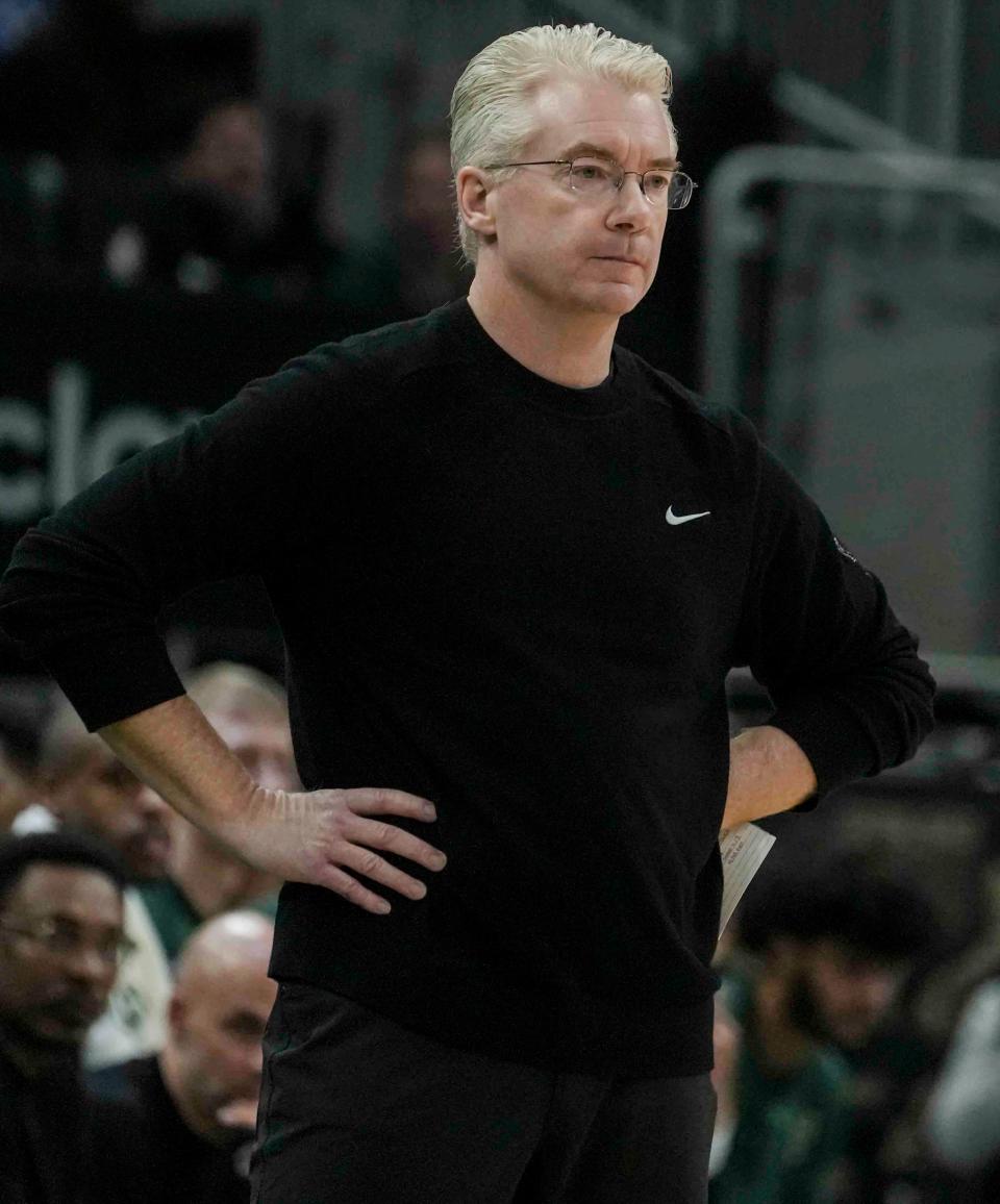 Interim head coach Joe Prunty watches the Bucks in action Wednesday night against the Cavaliers at Fiserv Forum.