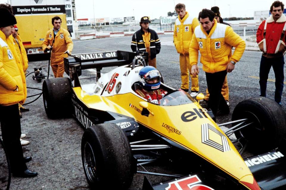 (FILES) In this file photo taken on November 15, 1983 French Formula One driver Patrick Tambay is pictured during Formula One trials of his new car, the Renault Elf, at the Castellet circuit (South of France). - Tambay died, his family announced on December 4, 2022. (Photo by Gerard FOUET / AFP)