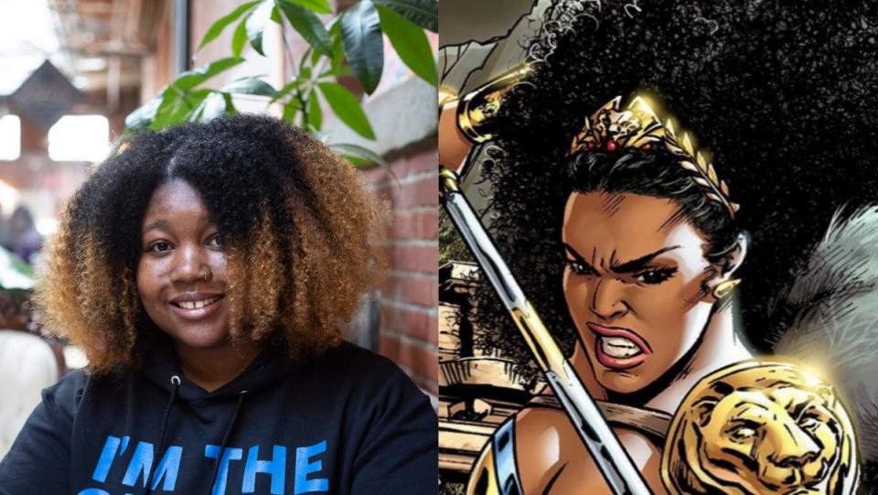 split photo of writer Stephanie williams and Nubia comic character