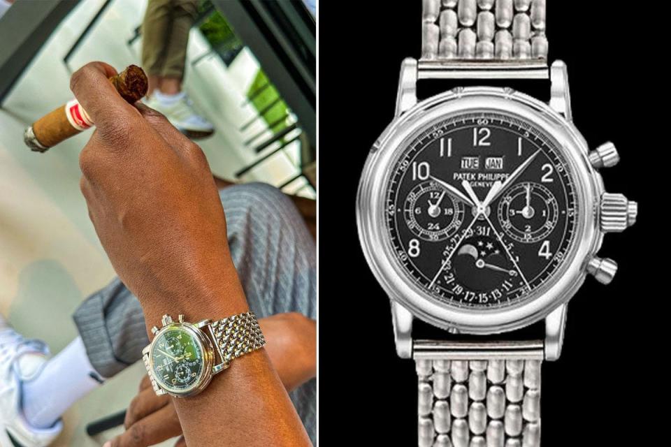 close up of arm holding cigar with silver watch on split with close up of silver watch