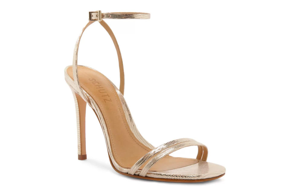 schutz,  gold sandals, heel, stiletto, metallic