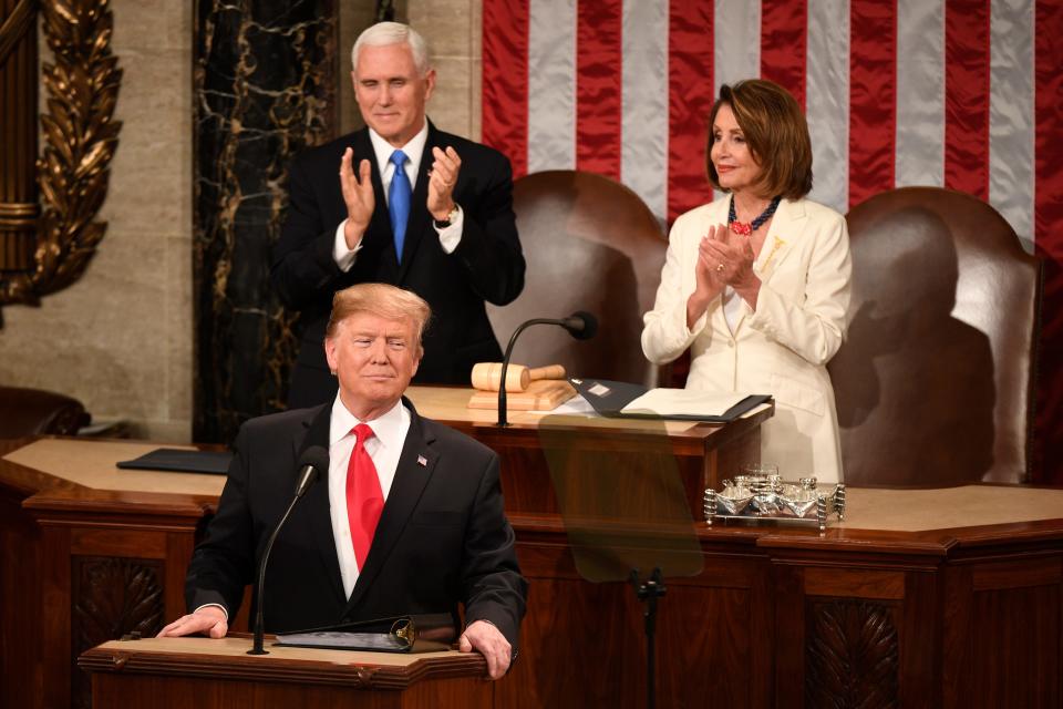 President Donald Trump delivers his State of the Union address on Feb. 5, 2019. Behind him are Vice President Mike Pence and Speaker of the House Nancy Pelosi.