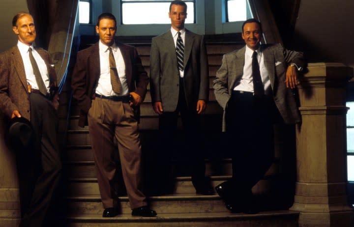 Russell Crowe, Kevin Spacey, Guy Pearce, and James Cromwell in L.A. Confidential.