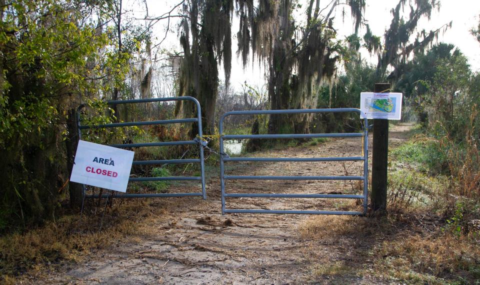 A gate blocks a section of the Alligator Alley trail at Circle B Bar Reserve. Managers closed part of the trail last week in response to increased sightings of alligators crossing the trail.