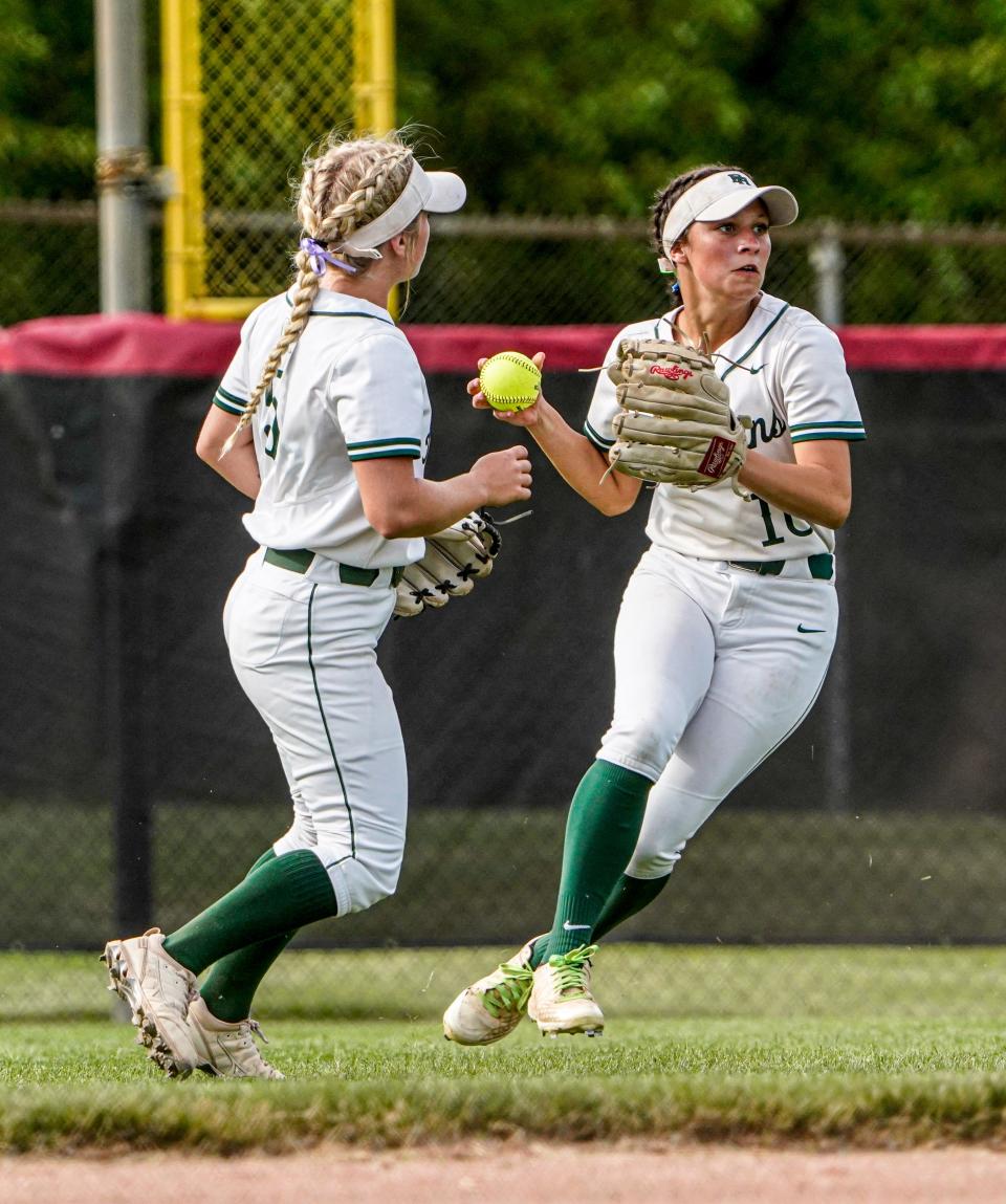 Pendleton Heights' Kiah  Hubble (10) makes a catch during the 2022 IHSAA Regional Softball Championship game between the North Central Panthers and the Pendleton Heights Arabians on Tuesday May 31, 2022, at North Central High School in Indianapolis. Khloee Gregory (5). 