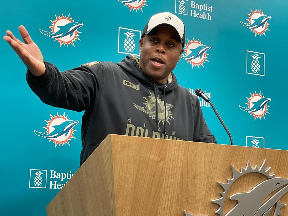 Dolphins general manager Chris Grier discusses the upcoming draft on Tuesday, April 16, 2024.