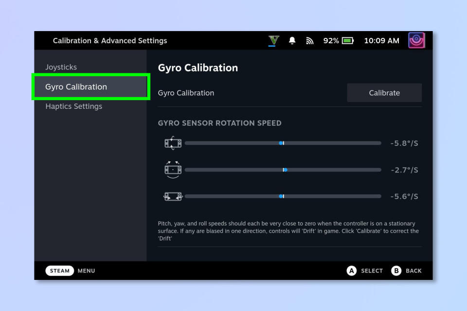 A screenshot showing how to check and recalibrate the gyro on Steam Deck