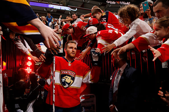 SUNRISE, FL – FEBRUARY 3: Jonathan Huberdeau #11 of the Florida Panthers heads out to the ice for warm ups prior to the start of their game against the Anaheim Ducks at the BB&T Center on February 3, 2017 in Sunrise, Florida. (Photo by Eliot J. Schechter/NHLI via Getty Images)