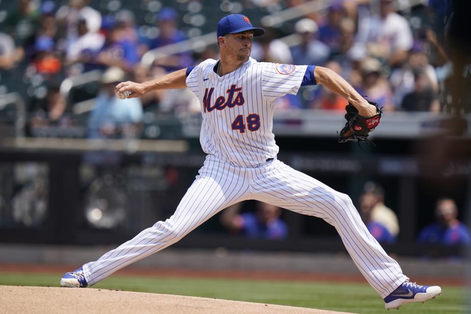 New York Mets' Jacob deGrom (48) during the first inning of the first baseball game of a doubleheader against the Milwaukee Brewers Wednesday, July 7, 2021, in New York. (AP Photo/Frank Franklin II)