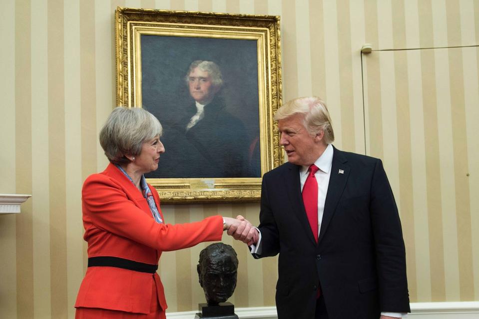 <p>British Prime Minister Theresa May and U.S. President Donald Trump meet beside a bust of former British Prime Minister Winston Churchill in the Oval Office.</p>
