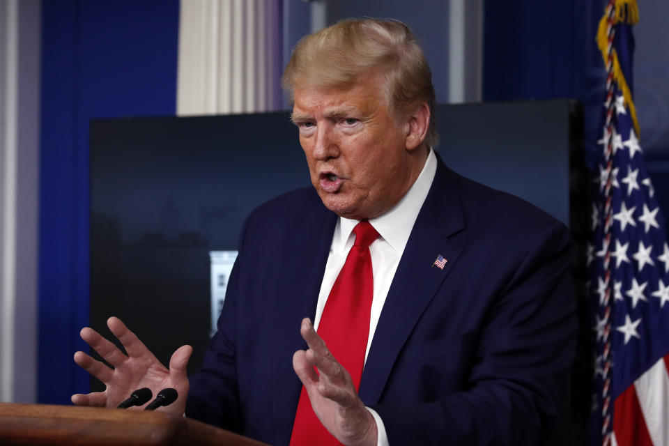 President Donald Trump speaks about the coronavirus in the James Brady Press Briefing Room of the White House, Monday, April 6, 2020, in Washington. (AP Photo/Alex Brandon)