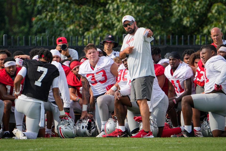 Aug 4, 2022; Columbus, OH, USA;  Ohio State Buckeyes head coach Ryan Day addresses his team at the start of the first fall practice at the Woody Hayes Athletic Center. Mandatory Credit: Adam Cairns-The Columbus Dispatch