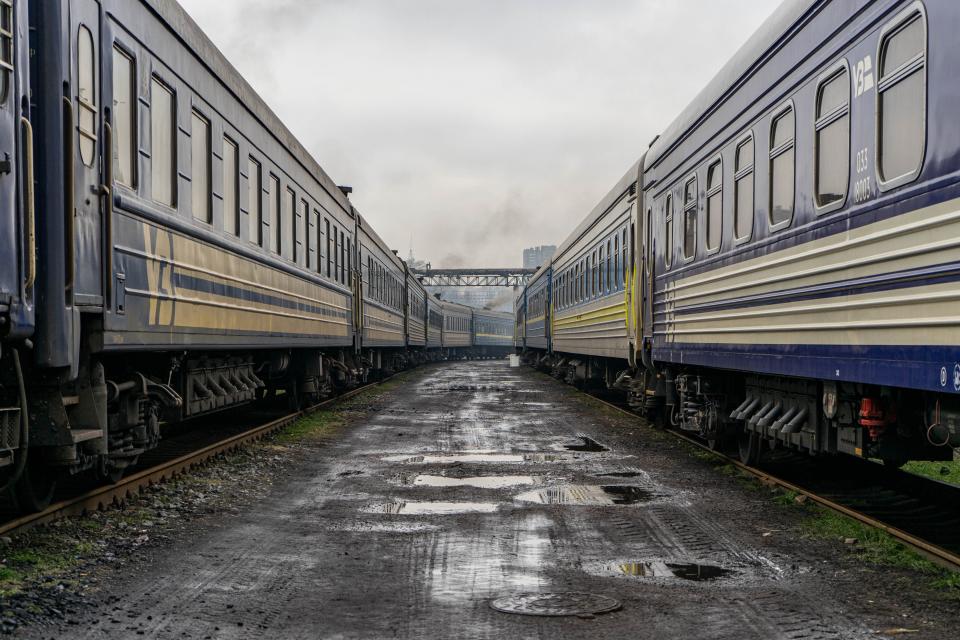 Trains stand at a railway station depot on December 26, 2022 in Kyiv, Ukraine.