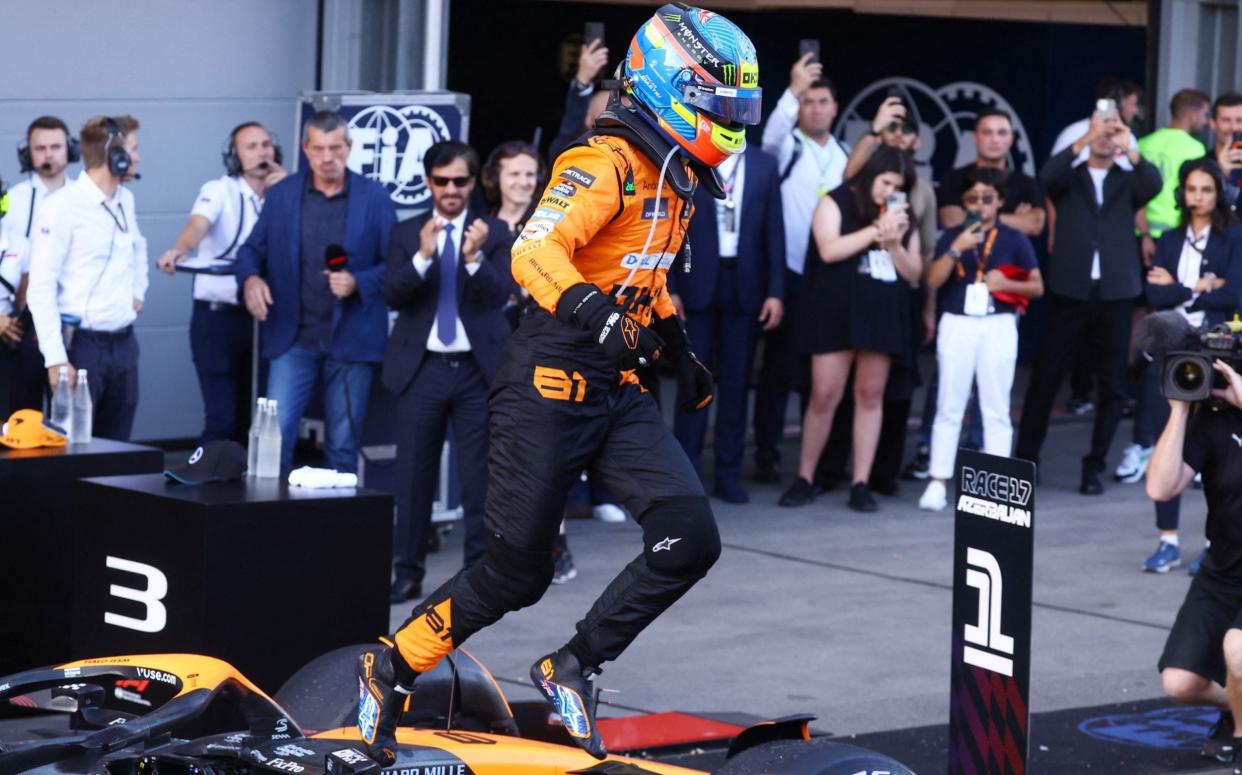 Baku City Circuit, Baku, Azerbaijan - September 15, 2024 McLaren's Oscar Piastri celebrates after winning the race