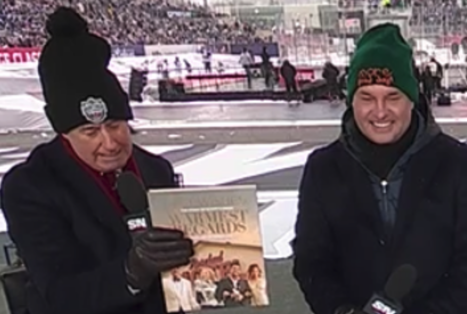 Hockey Night host Ron MacLean looked like he was wearing a Christmas stocking on his head during Sunday's Heritage Classic, and the internet went off. (Photo via Twitter/Sportsnet)