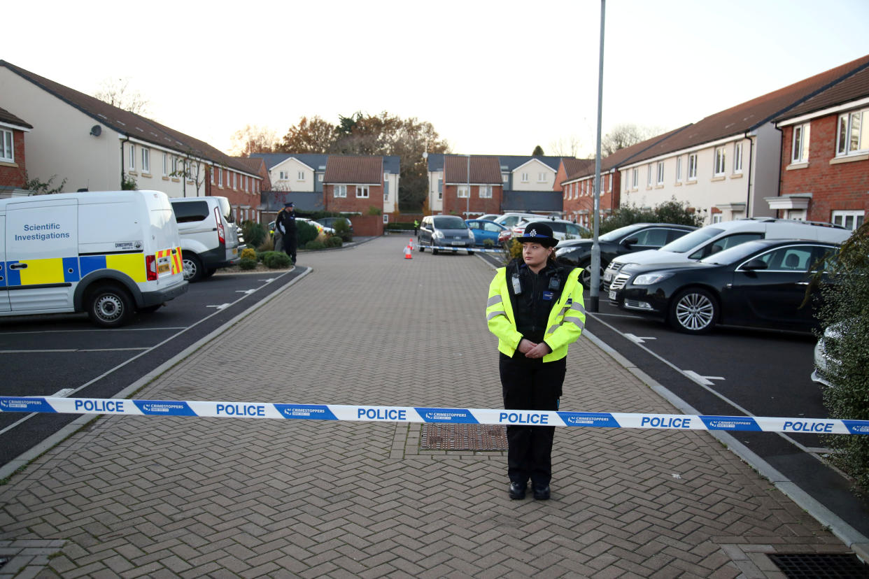 The scene in Dragon Rise, Norton Fitzwarren, Somerset where two people were found dead, November 22 2021. See SWNS story SWBRmurder. Police have launched a double murder probe after a man and woman were found dead inside a home. Cops were called at about 9.45pm last night (Sunday) where the two victims, both aged in their 30s, were discovered with serious injuries. Medics attended but the couple were later both pronounced dead at the scene. Two men, aged 34 and 67, have now been arrested on suspicion of murder and are currently in custody for questioning.  