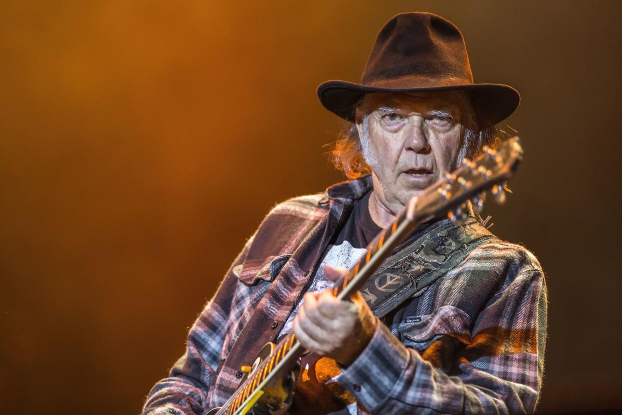 Closeup of Neil Young Performing Live in Memphis, Tennessee, 2016