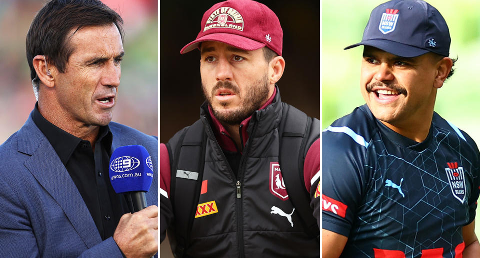 Pictured left to right, NSW Origin legend Andrew Johns, Maroons star Ben Hunt and Latrell Mitchell.