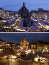 This combination image shows a file photo dated Friday, Dec. 1, 2017, of the square in front of the Church of Our Lady with the traditional Christmas Market in Nuremberg, Germany, top, and the square on Monday, Nov. 23, 2020, below. Christmas markets, a cherished tradition in Germany and neighboring countries, have joined the long list of institutions canceled or diminished because of the coronavirus pandemic this year.(AP Photo/Matthias Schrader)