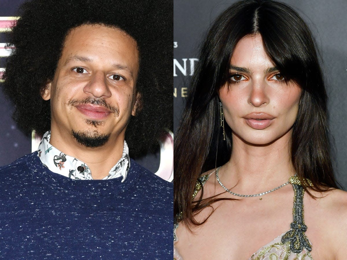 A side by side image of Eric André, in a blue sweater, and Emily Ratajkowski, in a green strapless dress.