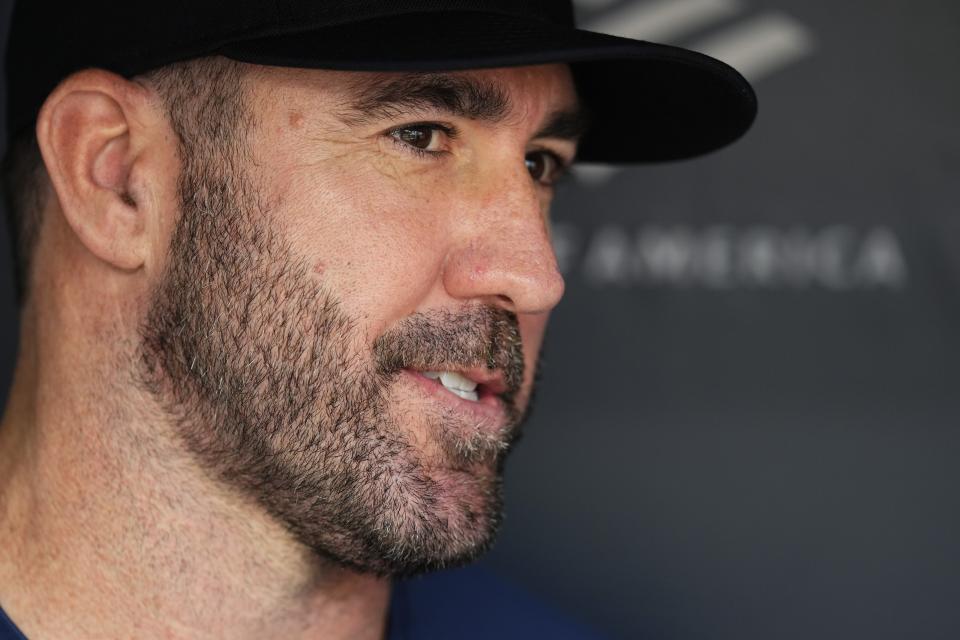 FILE - Houston Astros' Justin Verlander responds to questions during a news interview before a baseball game against the New York Yankees Thursday, Aug. 3, 2023, in New York. There is a bridge that runs from Tommy John and Dr. Frank Jobe in 1974, all the way to Shohei Ohtani, Justin Verlander and Bryce Harper. Verlander won the AL Cy Young Award in 2022, two years after he had Tommy John surgery.(AP Photo/Frank Franklin II, File)