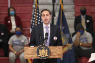 FILE - Dr. Howard A. Zucker, commissioner of the New York State Department of Health, speaks during a news conference on coronavirus vaccination at Suffolk County Community College on Monday, April 12, 2021 in Brentwood, N.Y. New York Gov. Kathy Hochul says Zucker has submitted his resignation, Thursday, Sept. 23. Zucker was appointed by former Gov. Andrew Cuomo as state health commissioner in 2015. He has faced heated criticism over the state's COVID-19 response, particularly in nursing homes.(Michael M. Santiago/Pool via AP)