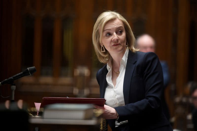 FILE PHOTO: British Secretary of State for Foreign Affairs Liz Truss makes a statement on sanctions in Ukraine