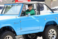 <p>Miles Teller drives away in his blue Ford Bronco after a workout on Thursday in L.A.</p>