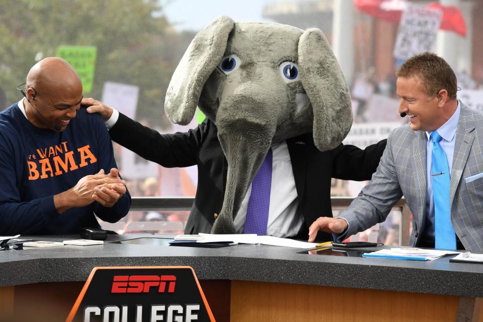 Lee Corso wears the Alabama Crimson Tide mascot head as Charles Barkley and Kirk Herbstreit look on before a game between the Auburn Tigers and the Alabama Crimson Tide at Jordan-Hare Stadium in 2017. Christopher Hanewinckel-USA TODAY Sports