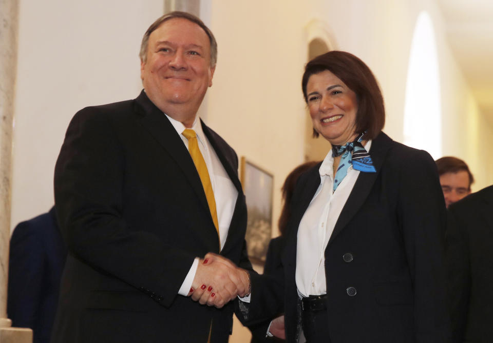 U.S. Secretary of State Mike Pompeo meets with Lebanon's Interior Minister Raya al-Hassan at the Interior Ministry in Beirut, Lebanon, Friday, March 22, 2019. (Jim Young/Pool Image via AP)