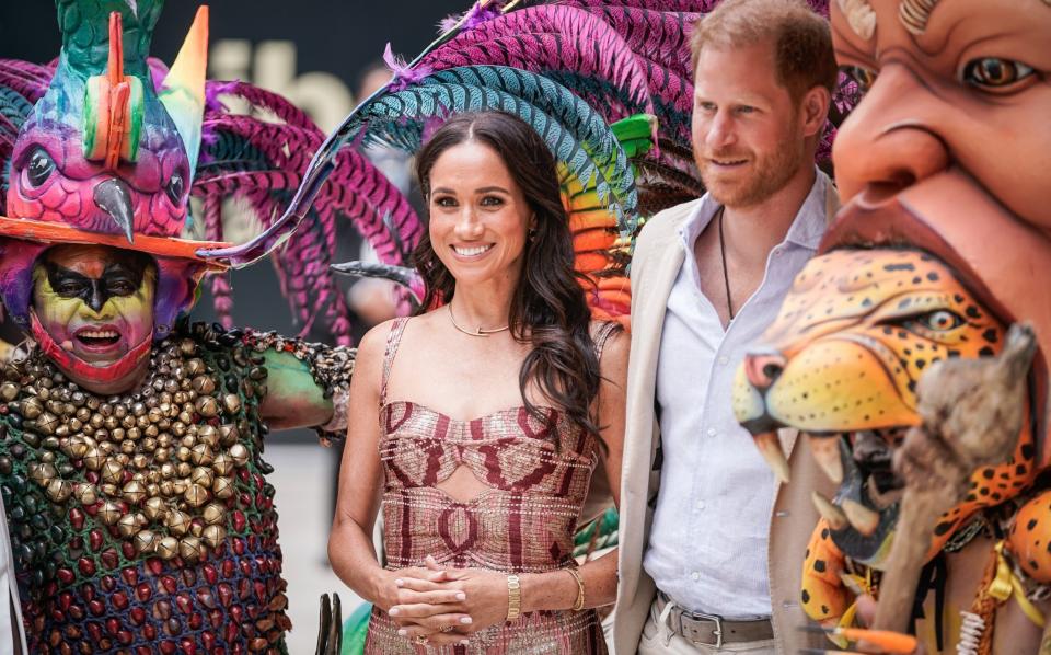 The Duchess of Sussex wore a 'Navajo' textile dress by Colombian designer Johanna Ortiz on the first day of the tour