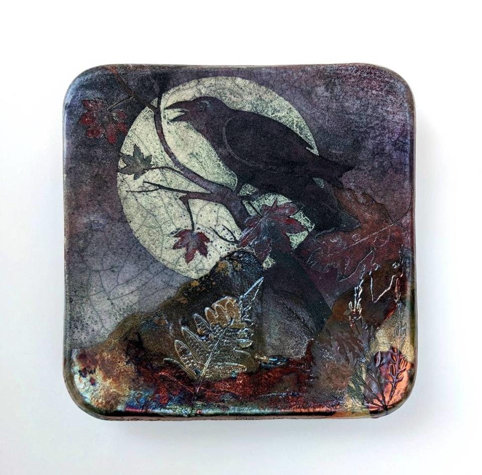 “Raven, Vine Maple, Moon” is among the crow and raven themed images on view for Arts Walk at Childhood’s End Gallery.