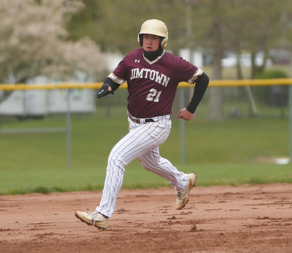 Jimtown junior Cole Dutton runs toward third base during a baseball game against Bremen Wednesday, April 24, 2024, at Bremen High School.