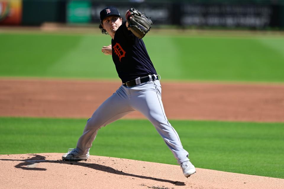 Casey Mize throws a pitch during the first inning against the Pittsburgh Pirates during a spring training game at LECOM Park on March 2, 2021, in Bradenton, Florida.