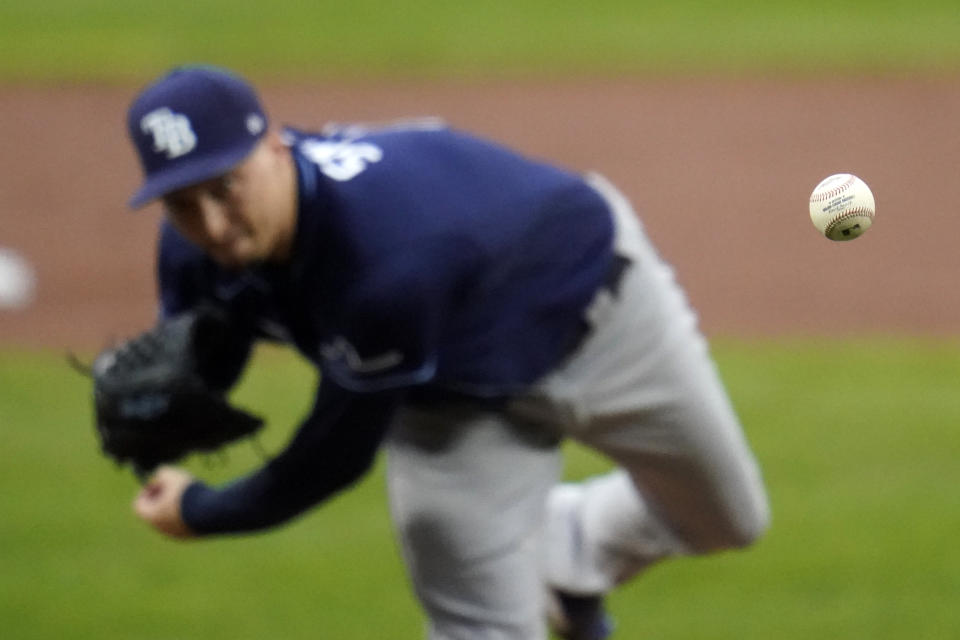 Tampa Bay Rays starting pitcher Blake Snell throws a pitch to the Baltimore Orioles during the first inning of a baseball game, Thursday, Sept. 17, 2020, in Baltimore. (AP Photo/Julio Cortez)