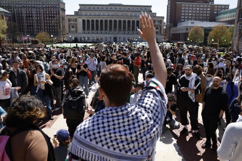 Pro-Palestinian demonstrators speak in the main quad at Columbia University in New York last Monday. On Monday, student protesters were given notices by the university to vacate the encampments by 2 p.m. EDT or be suspended, Photo by John Angelillo/UPI