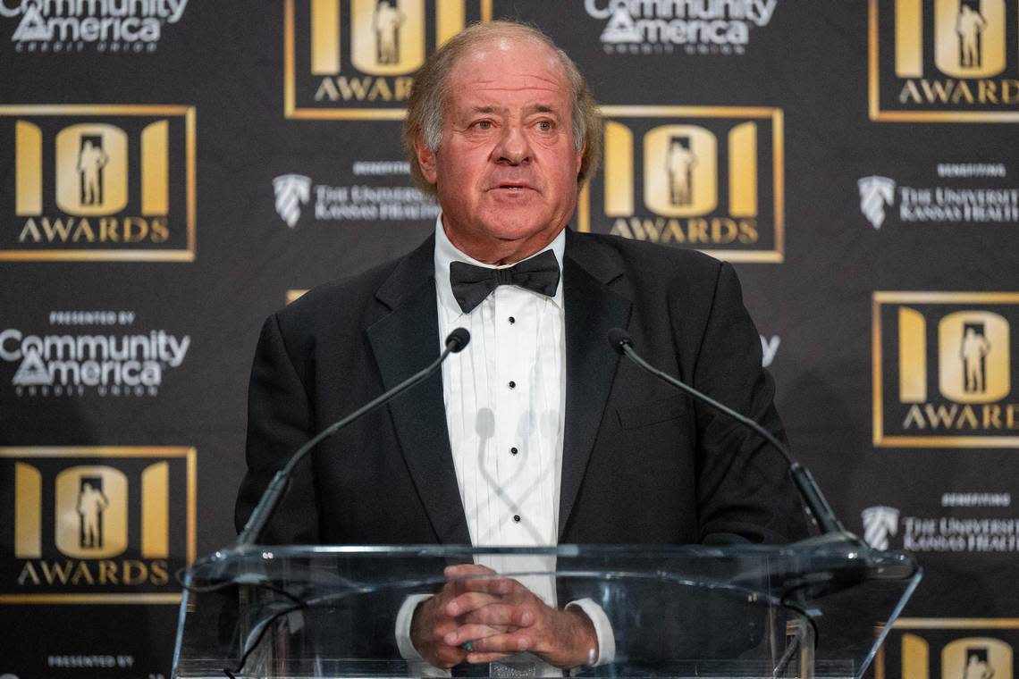 Sportscaster Chris Berman delivers a brief speech after receiving the Lamar Hunt Award for Professional Football during the 101 Awards ceremony at the Loews Hotel on Friday, March 22, 2024, in Kansas City.