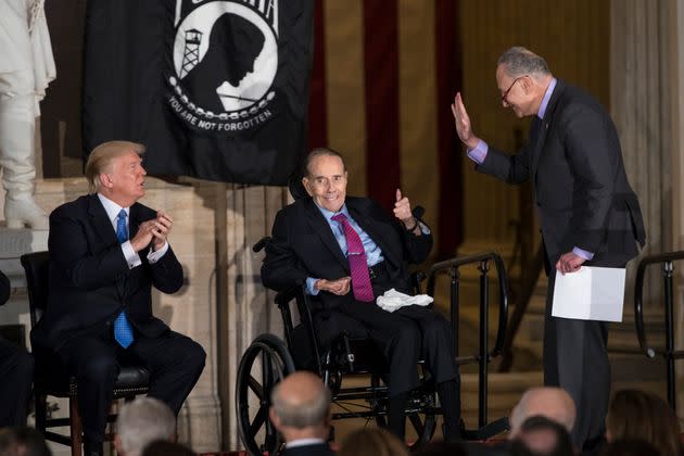 Dole (center), flanked by President Donald Trump (left) and Senate Minority Leader Chuck Schumer is honored at the Capitol with a Congressional Gold Medal on Jan. 17, 2018. (Photo: ASSOCIATED PRESS)