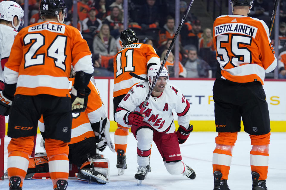 Carolina Hurricanes' Jordan Martinook (48) celebrates after scoring a goal during the first period of an NHL hockey game against the Philadelphia Flyers, Saturday, Oct. 29, 2022, in Philadelphia. (AP Photo/Matt Slocum)