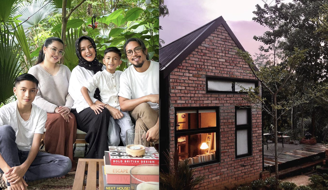 A composite image of a malay family and a brick house built in the jungle