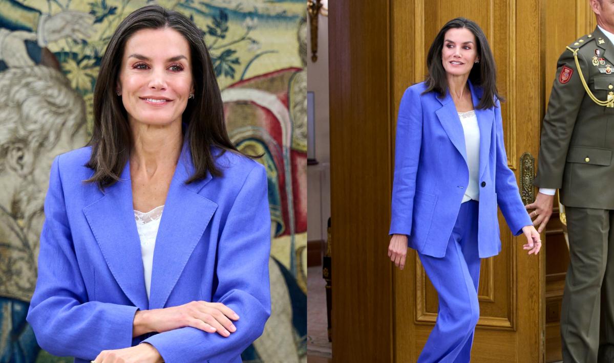 La reina Letizia de España brilla con un traje azul con escote transparente para asistir a los actos reales en el Palacio de la Zarzuela de Madrid