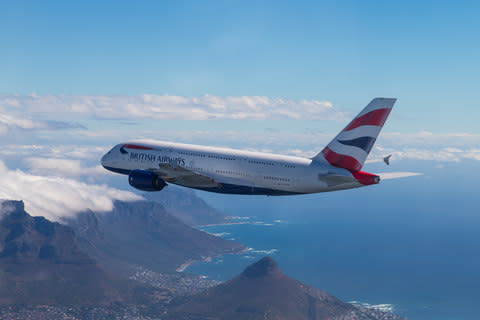 A British Airways A380 over Cape Town, South Africa - Credit: Getty