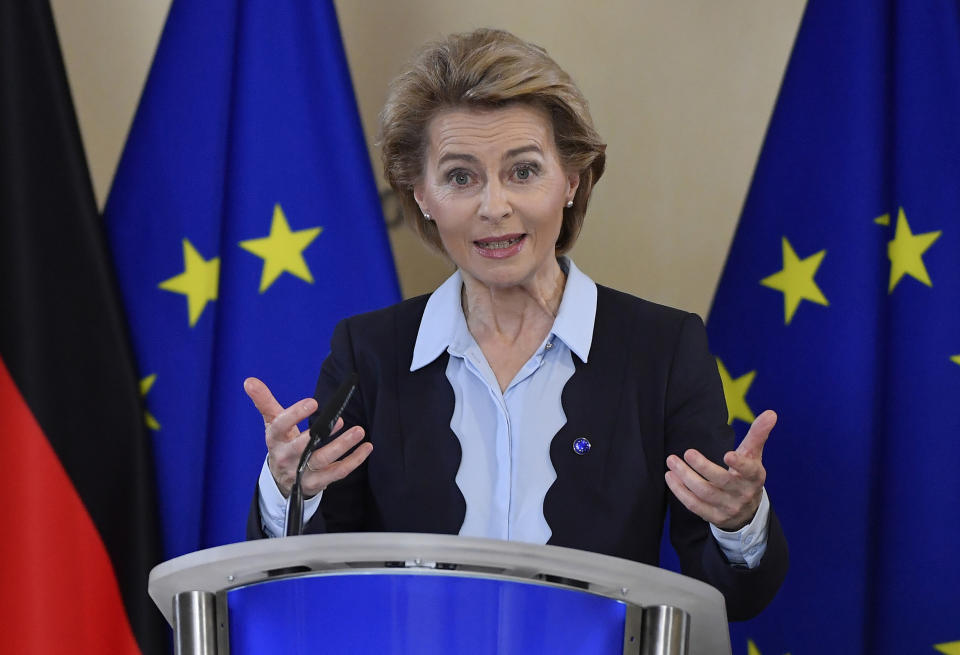 President of the European Commission Ursula von der Leyen addresses a joint press conference with German Chancellor Angela Merkel, attending by video conference, on the start of the six month German Presidency of the EU at EU Headquarters in Brussels, Thursday, July 2, 2020. (John Thys, Pool Photo via AP)