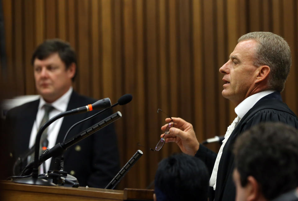 State prosecutor Gerrie Nel, right, speaks as forensic investigator Johannes Vermeulen, left, watches during the Oscar Pistorius trial at the high court in Pretoria, South Africa, Thursday, March 13, 2014. Pistorius is charged with murder for the shooting death of his girlfriend, Reeva Steenkamp, on Valentines Day in 2013. (AP Photo/Themba Hadebe, Pool)