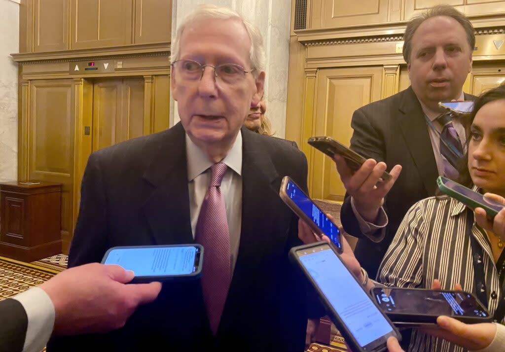 Senate Minority Leader Mitch McConnell, a Kentucky Republican, speaks with reporters inside the U.S. Capitol after returning from a meeting at the White House on Tuesday, Feb. 27, 2024. (Photo by Jennifer Shutt/States Newsroom)