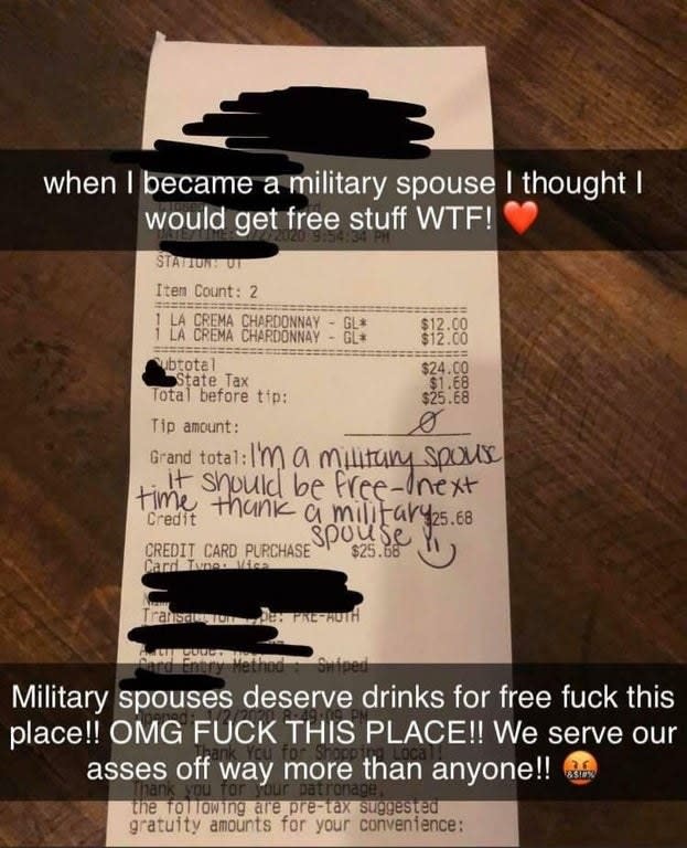 A military spouse posts a bar receipt with a zero dollar tip and complains that military spouses should get free drinks