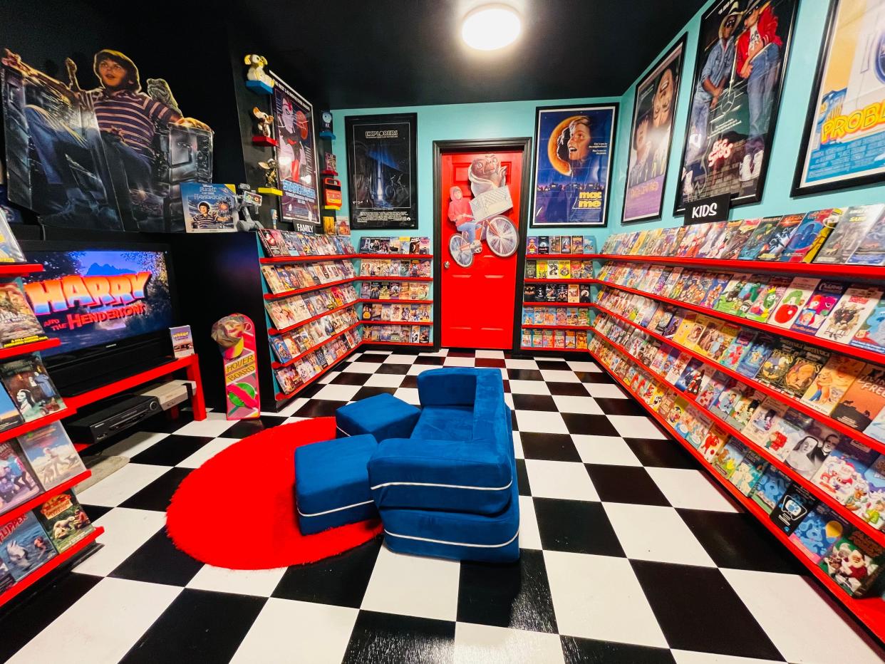 A photo of Anthony Sant'Anselmo's basement, which has been transformed into a video shop.